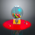 Colorful Gumball Machine With Transparent Glass Globe Yellow Base And Scattered Candies On Dark Background