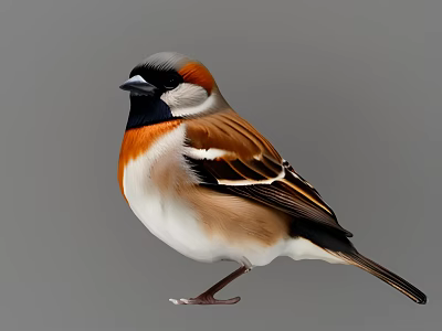 Small Bird With Gray Head Orange Neck White Underbelly And Brown Black Wings Standing 3d model