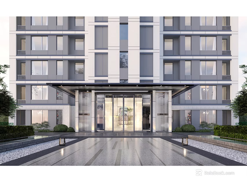Modern Entrance Gate Of Contemporary Building With Glass Panels Greenery And Stone Pathway 3d model 