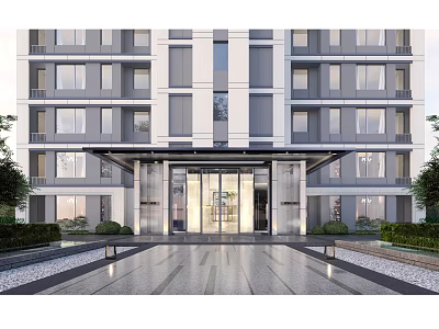 Modern Entrance Gate Of Contemporary Building With Glass Panels Greenery And Stone Pathway 3d model