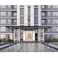 Modern Entrance Gate Of Contemporary Building With Glass Panels Greenery And Stone Pathway