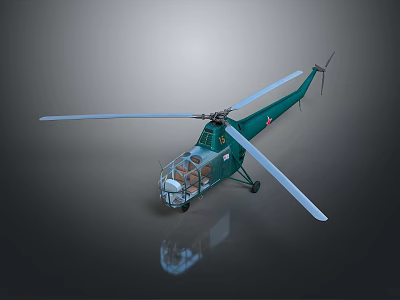 Green Helicopter Model With White Rotors Cockpit And Reflective Surface 3d model