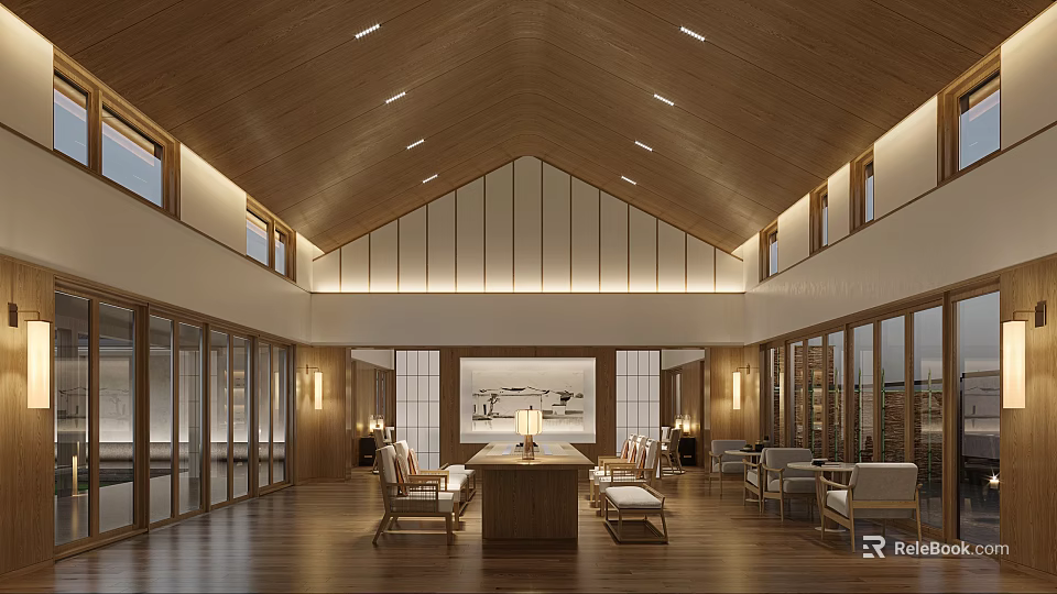 Elegant Hotel Public Lounge Area Featuring Wooden Ceiling Warm Lighting And Floor To Ceiling Windows 3d model 