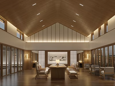 Elegant Hotel Public Lounge Area Featuring Wooden Ceiling Warm Lighting And Floor To Ceiling Windows 3d model