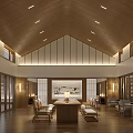 Elegant Hotel Public Lounge Area Featuring Wooden Ceiling Warm Lighting And Floor To Ceiling Windows