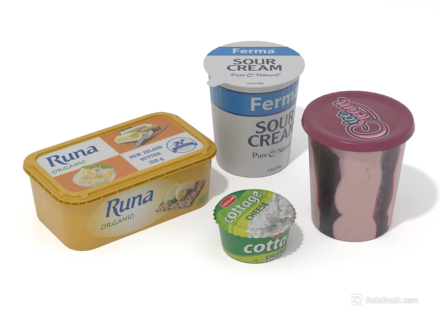 Assorted Packaged Dairy Foods With Runa Cheese Fermit Sour Cream And Coffix Dessert 3d model 