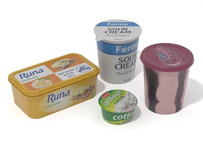 Assorted Packaged Dairy Foods With Runa Cheese Fermit Sour Cream And Coffix Dessert 3d model