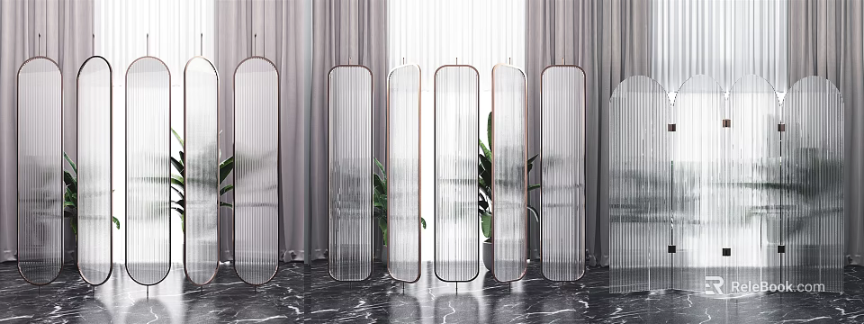 Modern Glass Room Divider With Multiple Panels Green Plants And Marble Floor 3d model 