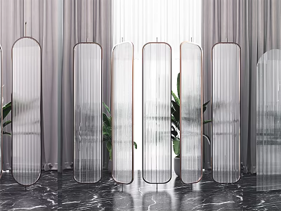 Modern Glass Room Divider With Multiple Panels Green Plants And Marble Floor 3d model