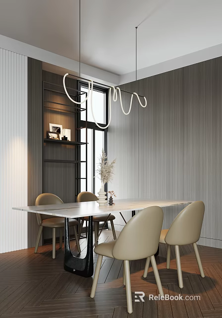 Modern Minimalist Dining Table Set With Beige Chairs And White Tabletop 3d model