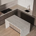 Modern Kitchen Interior Design With Wooden White Cabinets Marble Island And Built in Oven