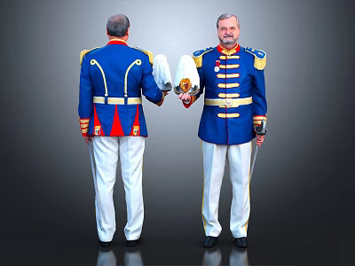 Two Men in Blue Uniforms With Golden Trim Red Accents Front Back Holding White Hats 3d model