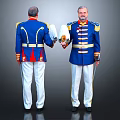Two Men in Blue Uniforms With Golden Trim Red Accents Front Back Holding White Hats