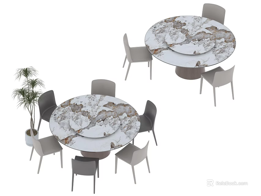 Two Round Dining Tables With Marble Texture Chairs And Potted Plant 3d model