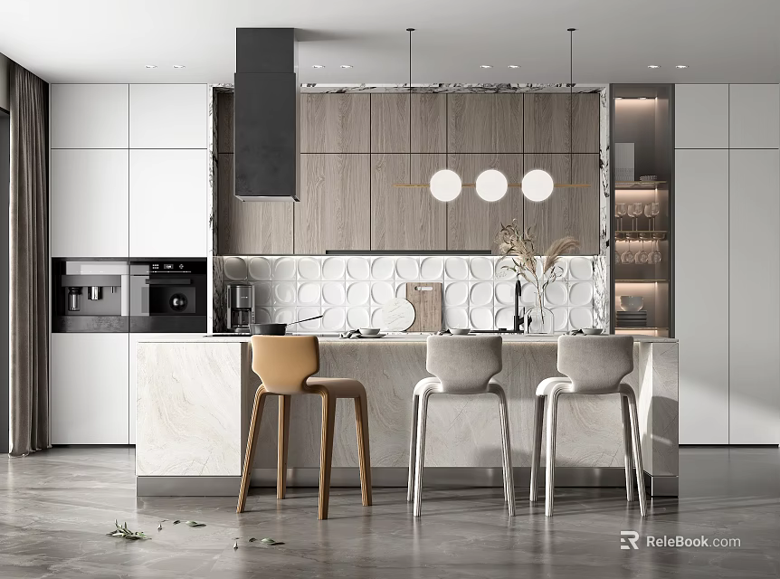 Modern Kitchen Interior Design With Island Counter Stools Pendant Lights And Cabinets 3d model 