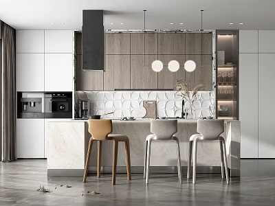 Modern Kitchen Interior Design With Island Counter Stools Pendant Lights And Cabinets 3d model
