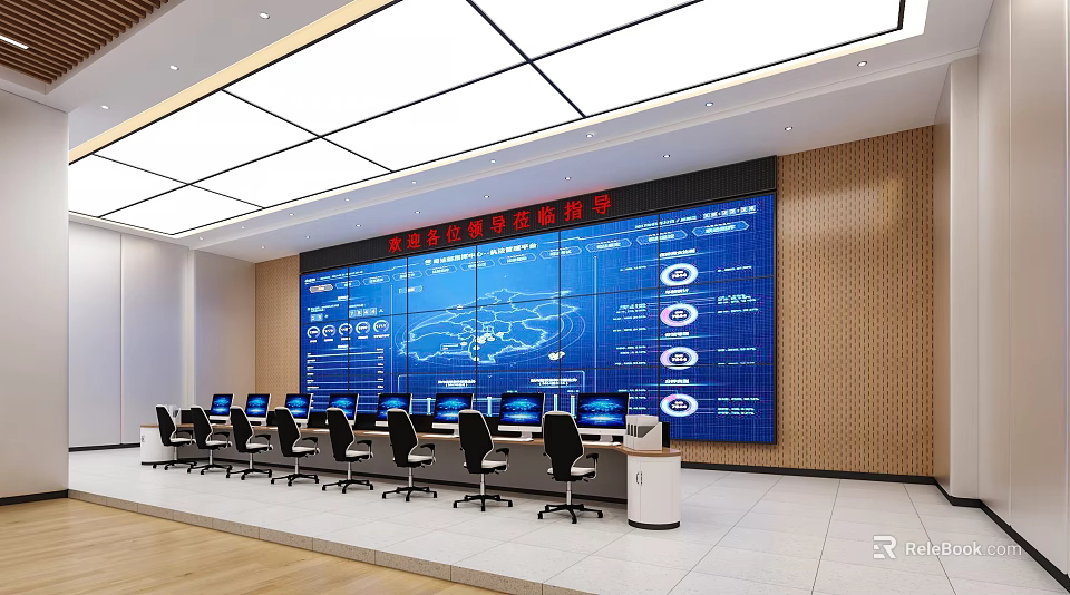 Modern Monitoring Room with Large Screen Wall Multiple Monitors Control Consoles And Data Charts 3d model 