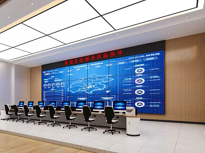 Modern Monitoring Room with Large Screen Wall Multiple Monitors Control Consoles And Data Charts 3d model