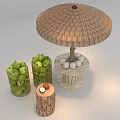 Decorative Ornament Set With Thatched Umbrella Wooden Table Tree Stump Green Apples And Baskets