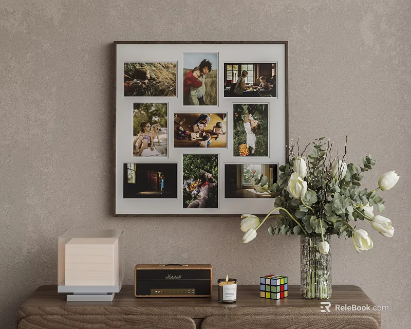 Stylish Photo Wall With Family Lifestyle Photos And White Tulip Vase On Wooden Table 3d model 