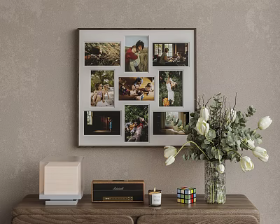 Stylish Photo Wall With Family Lifestyle Photos And White Tulip Vase On Wooden Table 3d model