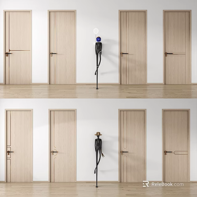 Light Wood Swing Doors In Modern Interior With Simple Design And Handle Details 3d model 
