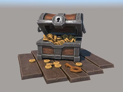 Shiny Jewelry Collection in Open Treasure Chest with Gold Coins and Key on Wooden Planks 3d model