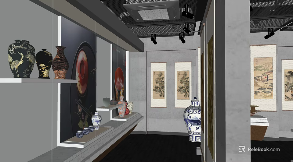 Traditional Chinese Art Exhibition Hall Interior With Ceramic Vases Paintings And Display Shelves 3d model 
