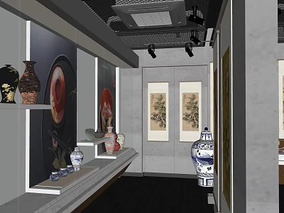 Traditional Chinese Art Exhibition Hall Interior With Ceramic Vases Paintings And Display Shelves 3d model