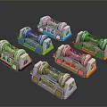 Multiple Futuristic Mechanical Weapon Designs With Colorful Components And Base Structures