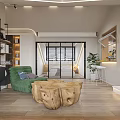 Loft Style Living Dining Room With Wooden Flooring Green Armchair Bar Stools And Plants