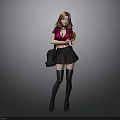 Red Haired Woman In Red Top Black Skirt Fishnet Stockings Holding Coffee Cup Black Bag