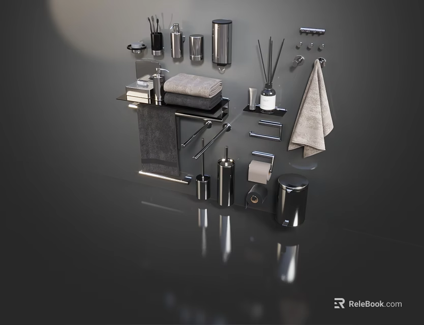 Modern Bathroom Accessories Including Towel Racks Soap Dispensers And Toilet Brush Holders 3d model 