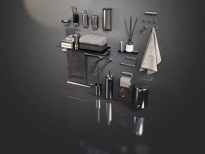 Modern Bathroom Accessories Including Towel Racks Soap Dispensers And Toilet Brush Holders 3d model
