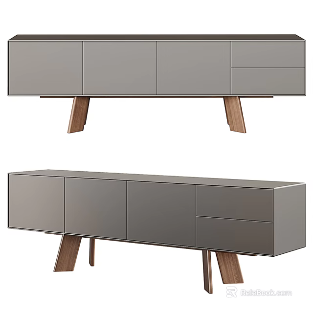 Modern Gray TV Stand With Multiple Cabinets Drawers And Wooden Legs 3d model 