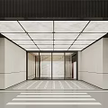 Modern Elegant Elevator Lobby Interior With Luminous Grid Ceiling And Polished Marble Walls And Flooring