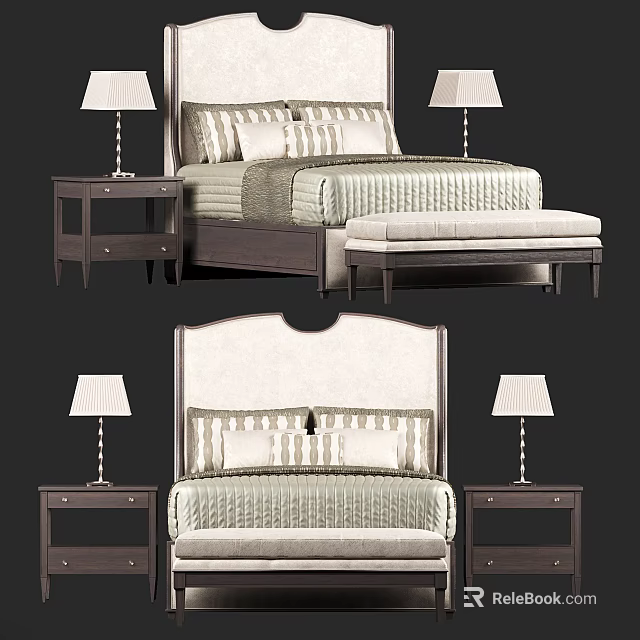 Elegant Double Bed With Headboard Bedside Tables Table Lamps And Bench 3d model