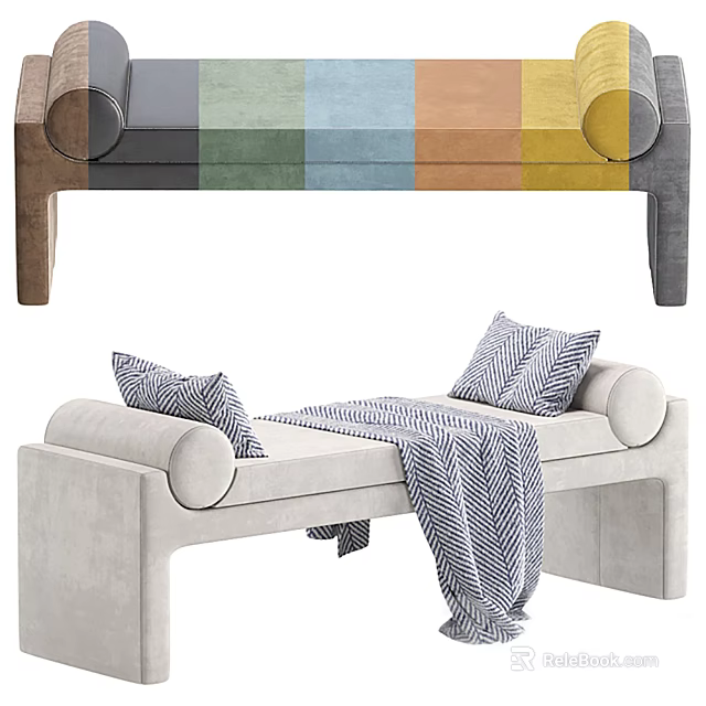 Multicolored Striped And Beige Ottoman Bench With Striped Cushions Throw Blanket Rounded Armrests 3d model 