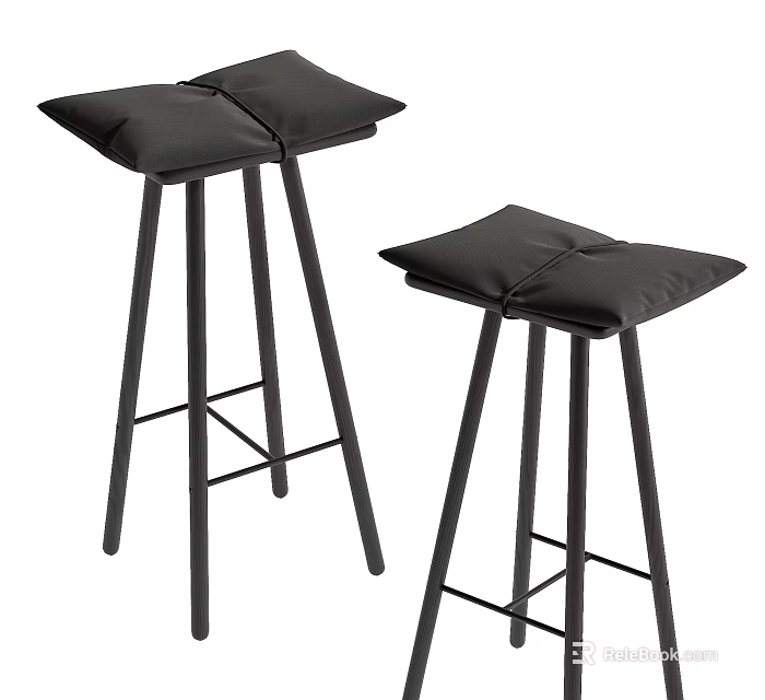 Black Bar Stools with Leather Seats and Metal Frames Featuring Slim Legs and Crossed Structure 3d model 