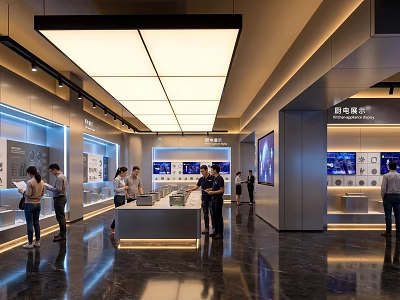 Modern Enterprise Exhibition Hall With Display Counters Digital Screens And Visitors 3d model