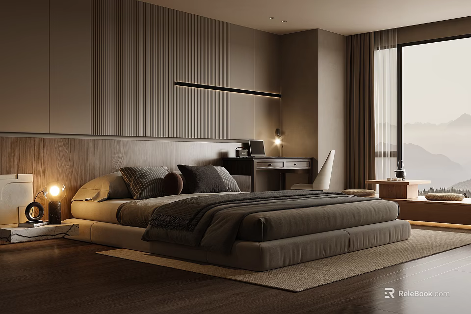 Modern Dark Bedroom Interior Design With Striped Wall Bed Desk And Mountain View Window 3d model 