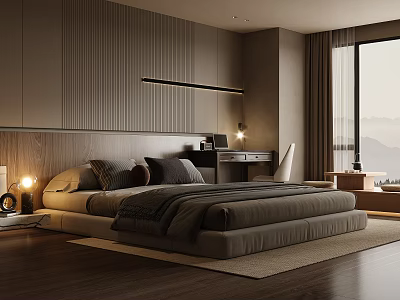Modern Dark Bedroom Interior Design With Striped Wall Bed Desk And Mountain View Window 3d model