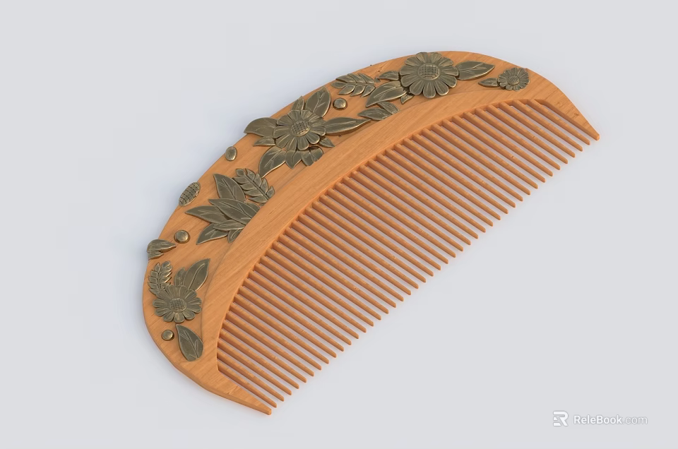 Handcrafted Wooden Comb With Decorative Carved Floral Leaves For Daily Use 3d model 