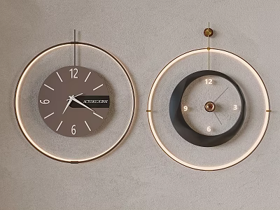 Modern Circular Wall Clocks On Neutral Wall With Illuminated Rings 3d model