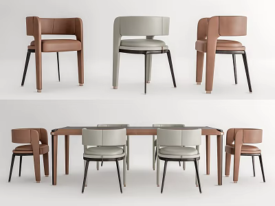Modern Dining Table Set With Brown Gray Leather Chairs And Wooden Top 3d model