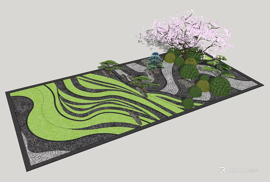Miniature Garden Landscape Design With Wavy Green Lawn Cherry Blossom Tree And Small Plants 3d model 