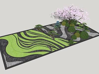 Miniature Garden Landscape Design With Wavy Green Lawn Cherry Blossom Tree And Small Plants 3d model