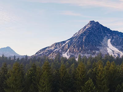 Serene Garden Landscape With Snowy Mountain Peaks And Lush Forest Under Cloudy Sky 3d model