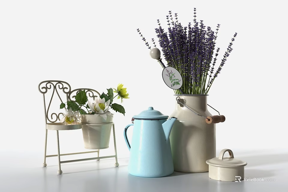 Decorative Beige Vase With Purple Lavender Flowers Light Blue Kettle And Small Potted Yellow Flower 3d model 