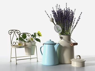 Decorative Beige Vase With Purple Lavender Flowers Light Blue Kettle And Small Potted Yellow Flower 3d model